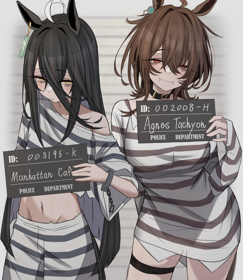 2girls absurdres agnes_tachyon_(umamusume) alternate_costume animal_ears black_hair brown_hair character_name commentary_request hair_between_eyes highres holding horse_ears horse_girl horse_tail leogust long_hair looking_at_viewer manhattan_cafe_(umamusume) midriff mugshot multiple_girls navel prison_clothes short_hair standing striped_clothes tail umamusume yellow_eyes