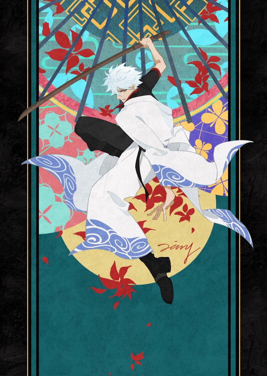 1boy black_boots black_pants black_shirt bokken boots commentary commentary_request egasumi full_body gintama grey_hair hadanugi_dousa highres holding holding_sword holding_weapon huoze76020 japanese_clothes kimono leaf long_sleeves looking_at_viewer male_focus open_clothes open_kimono pants red_eyes sakata_gintoki seigaiha shirt short_sleeves signature solo sword weapon white_kimono wooden_sword