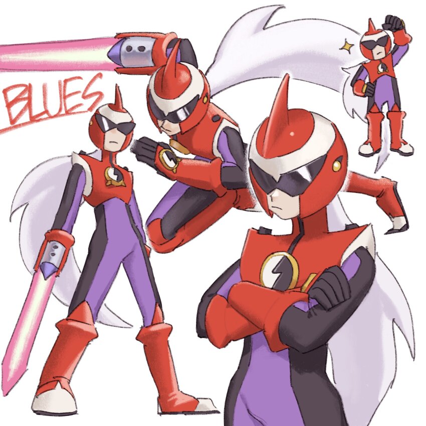 1boy arm_blade armor character_name cowboy_shot crossed_arms energy_sword full_body grey_hair helmet highres long_hair male_focus mega_man_(series) mega_man_battle_network_(series) multiple_views netnavi noro_zt protoman.exe red_armor red_helmet simple_background sword weapon white_background