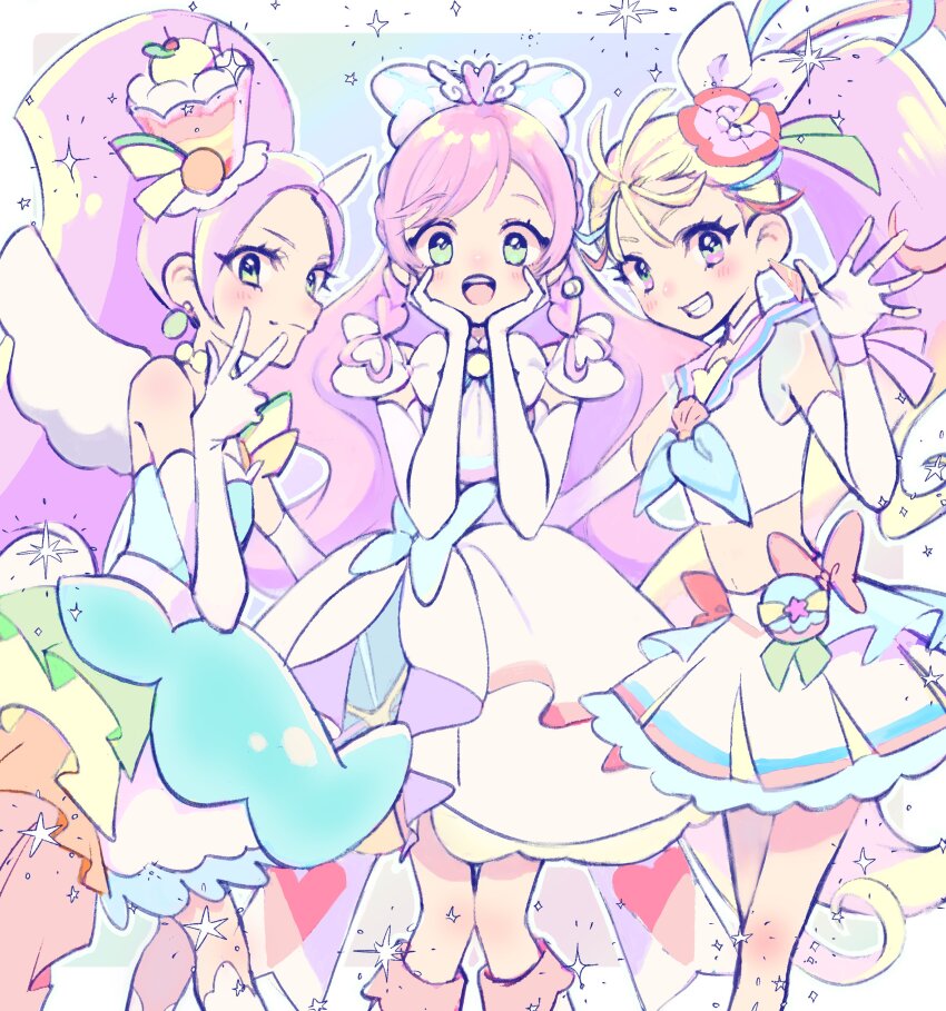 3girls absurdres blonde_hair blue_bow blue_sailor_collar blush bow cake_hair_ornament cure_parfait cure_prism cure_summer earrings elbow_gloves fingerless_gloves food-themed_hair_ornament gloves green_eyes grin hair_bow hair_ornament hair_strand hands_on_own_cheeks hands_on_own_face high_ponytail highres hirogaru_sky!_precure jewelry kirahoshi_ciel kirakira_precure_a_la_mode konsuke0 long_hair magical_girl midriff multiple_girls natsuumi_manatsu nijigaoka_mashiro pink_hair pink_sailor_collar ponytail precure sailor_collar skirt smile triangle_earrings tropical-rouge!_precure v very_long_hair white_bow white_gloves white_skirt white_wings wings