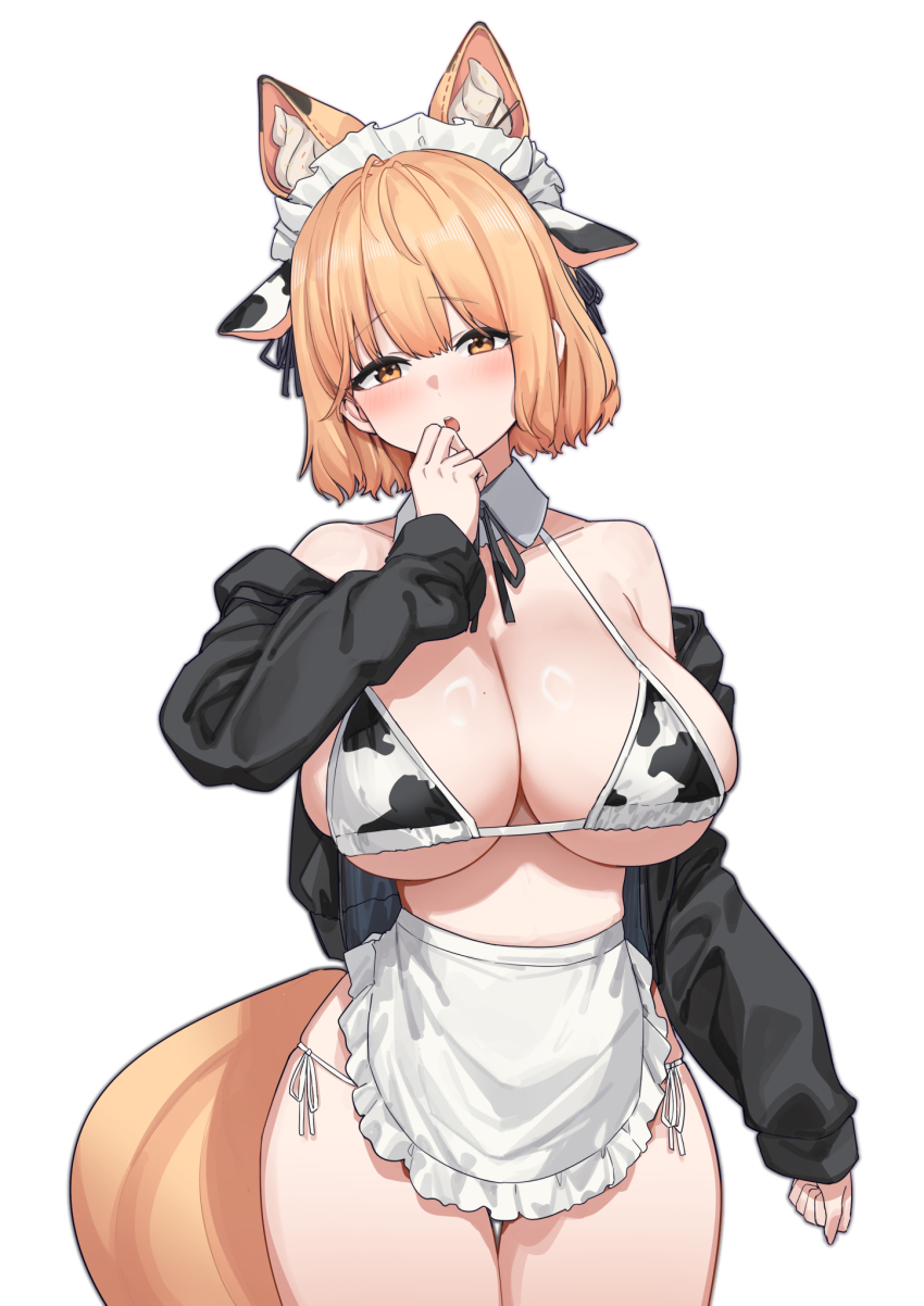 1girl animal_ears animal_print aningay apron bikini black_jacket blonde_hair blush breasts brown_eyes cleavage commentary cow_ears cow_horns cow_print cow_print_bikini english_commentary fake_animal_ears fake_horns hand_up highres horns jacket large_breasts looking_at_viewer maid maid_bikini maid_headdress off_shoulder open_clothes open_jacket open_mouth original print_bikini short_hair side-tie_bikini_bottom solo string_bikini swimsuit tail unconventional_maid waist_apron white_background white_headdress