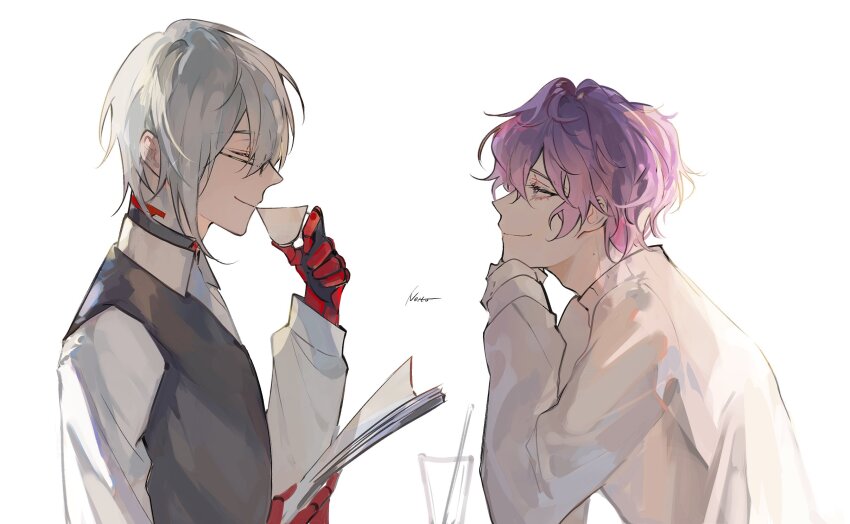 2boys closed_eyes closed_mouth collared_shirt commentary cup drinking_straw eyelashes from_side fulgur_ovid glass gloves grey_vest hair_behind_ear hashtag-only_commentary head_rest highres holding holding_cup holding_paper long_sleeves looking_at_another male_focus multiple_boys nijisanji nijisanji_en paper parted_bangs purple_hair shirt simple_background smile teacup uki_violeta vest virtual_youtuber wavy_hair white_background white_hair white_shirt wing_collar yaoi yingqian1010