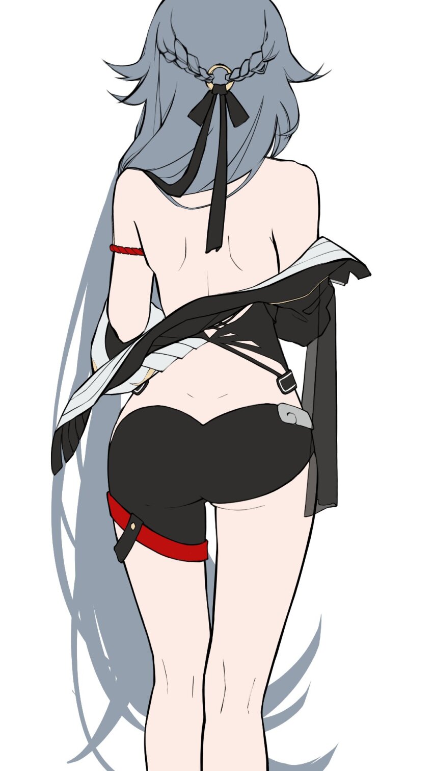 1girl armlet ass asymmetrical_clothes back black_ribbon braid commentary english_commentary from_behind grey_hair hair_ribbon half_up_braid herrscher_of_sentience highres honkai_(series) honkai_impact_3rd jewelry long_hair muunchilde ribbon simple_background solo very_long_hair white_background