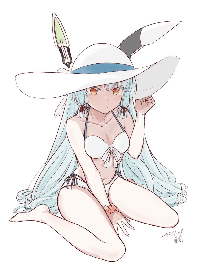 1girl barefoot bikini blue_hair breasts closed_mouth dated floating_headgear hair_between_eyes hair_ribbon hand_on_headwear hat headgear highres hikashima_(shiofune) kantai_collection long_hair looking_at_viewer medium_breasts murakumo_(kancolle) orange_eyes red_ribbon ribbon scrunchie side-tie_bikini_bottom signature simple_background sitting solo sun_hat swimsuit very_long_hair white_background white_bikini white_hat wrist_scrunchie