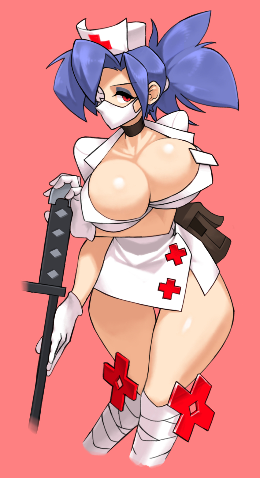 1girl absurdres arm_under_breasts belt_pouch blue_hair bonesaw breasts choker cleavage collarbone cropped_legs eyepatch eyeshadow gloves hat highres large_breasts latex latex_gloves leg_wrap looking_to_the_side makeup mask mouth_mask name_tag nurse_cap ponytail pouch red_background red_eyes saw skullgirls solo surgical_mask thick_thighs thigh_gap thighs valentine_(skullgirls) wide_hips