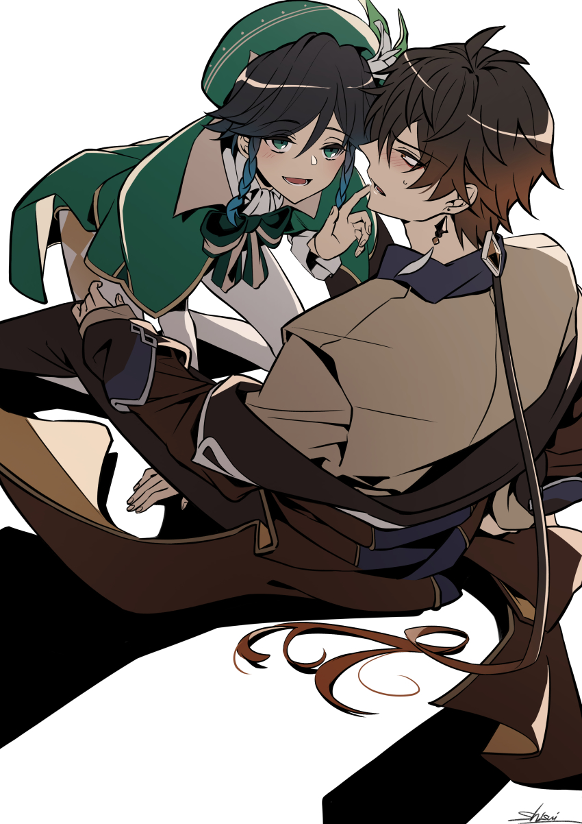 2boys absurdres androgynous argyle_clothes argyle_legwear beret black_hair blue_hair blush bow braid brown_hair cape coattails collared_cape collared_shirt commentary_request earrings eyeliner finger_to_mouth fingernails flower frilled_sleeves frills genshin_impact gradient_hair green_eyes green_headwear green_shorts hair_between_eyes hair_tie half-closed_eyes hand_on_floor hat hat_flower highres jacket jewelry kneeling leaf long_hair long_sleeves looking_at_another makeup male_focus multicolored_hair multiple_boys open_mouth orange_hair pants pantyhose ponytail shirt shisui53 short_hair_with_long_locks shorts signature simple_background single_earring sitting smile sweat tassel tassel_earrings twin_braids unworn_jacket venti_(genshin_impact) white_background white_flower white_pantyhose white_shirt yaoi yellow_eyes zhongli_(genshin_impact)