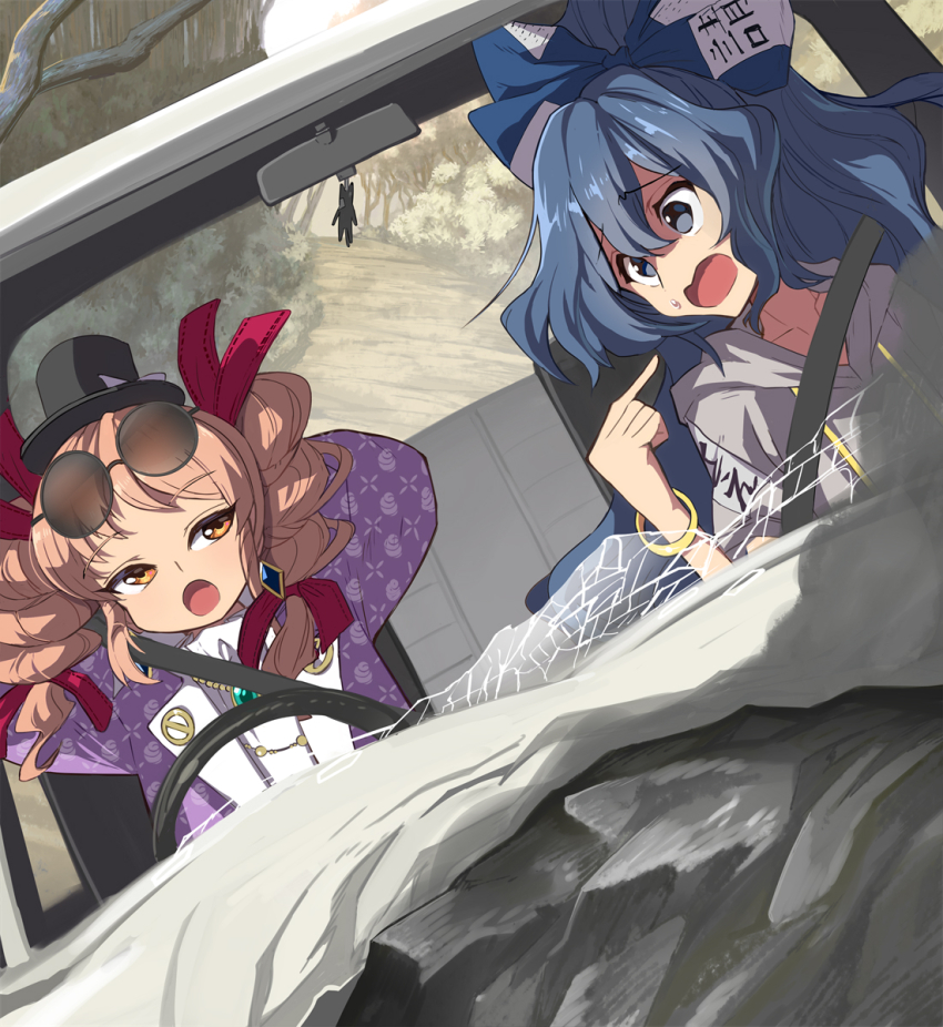 2girls blue_hair bracelet broken_window brown_hair car car_crash earrings hat highres jewelry motor_vehicle multiple_girls necklace seatbelt steering_wheel sunglasses sweat syope top_hat touhou tree yorigami_jo&#039;on yorigami_shion