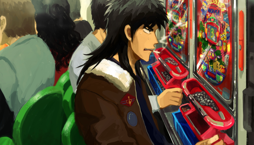 5boys black_eyes black_hair blue_shirt bomber_jacket brown_hair brown_jacket chair cigarette commentary_request gambling grey_shirt highres inamoyo indoors itou_kaiji jacket kaiji long_hair long_sleeves male_focus multiple_boys open_clothes open_jacket open_mouth pachinko pachinko_ball shirt short_hair sitting slot_machine smoke smoking solo_focus upper_body