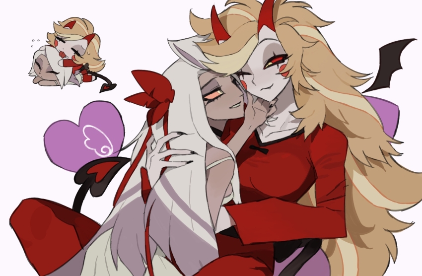2girls bilidongdong black_nails blonde_hair charlie_morningstar circle_facial_mark colored_sclera colored_skin couple demon_girl demon_horns demon_tail grey_hair grey_skin hazbin_hotel horns long_hair multicolored_hair multiple_girls nightgown pajamas pale_skin pink_sclera red_horns red_sclera smile streaked_hair tail two-tone_hair vaggie very_long_hair white_nightgown yellow_eyes yuri