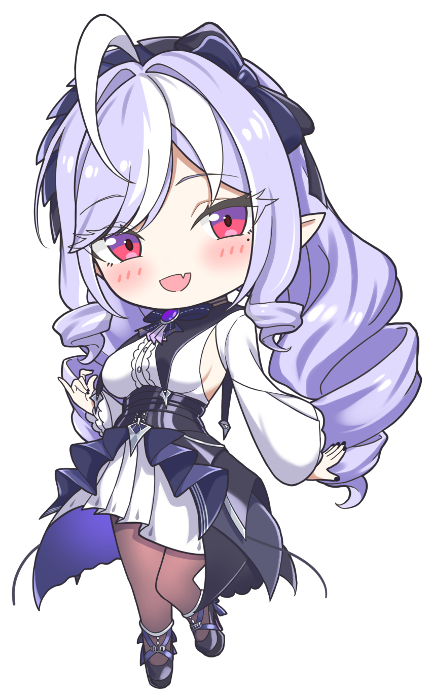 1girl ahoge black_bow black_bowtie black_nails black_pantyhose black_shoes blush bow bowtie breasts chibi chibi_only commentary_request dress drill_hair fingernails full_body gem highres long_hair long_sleeves looking_at_viewer nail_polish open_mouth pantyhose pointy_ears purple_gemstone purple_hair red_eyes shoes sideboob simple_background solo standing standing_on_one_leg very_long_hair vic_1223 vivian_banshee white_background zenless_zone_zero