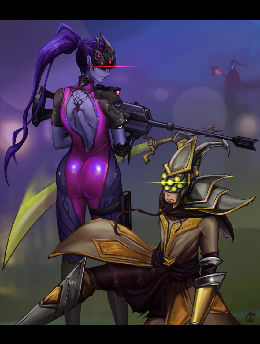 1girl 2boys ass back_cutout bodysuit clothing_cutout colored_skin gy_(artist) head-mounted_display highres jax_(league_of_legends) league_of_legends master_yi multiple_boys overwatch overwatch_1 purple_skin trait_connection widowmaker_(overwatch)