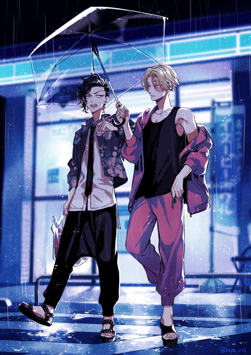 2boys artist_name asymmetrical_hair bag baggy_pants bare_shoulders black_footwear black_hair black_necktie black_shirt black_tank_top blue_eyes blurry blurry_background building burn_scar closed_mouth collarbone collared_shirt commentary_request convenience_store earrings floral_print full_body hand_up highres holding holding_bag holding_umbrella hood hoodie inui_seishu jacket jewelry kaya_lily kokonoi_hajime light_brown_hair long_sleeves looking_at_another male_focus multiple_boys necktie night off_shoulder open_clothes open_hoodie open_jacket open_mouth outdoors pants parted_bangs plastic_bag print_jacket purple_hoodie purple_pants rain sandals scar scar_on_face shirt shop short_hair sidecut sign single_bare_shoulder single_earring sleeveless sleeveless_shirt standing tank_top teeth tokyo_revengers transparent transparent_umbrella tsurime twitter_username umbrella undercut untucked_shirt upper_teeth_only walking white_shirt