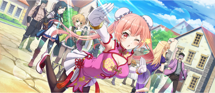4girls ;o ahoge armpit_crease bangle black_hair black_pantyhose black_thighhighs blonde_hair blue_necktie blue_sky boots bracelet breasts brown_boots building bun_cover cecily_(konosuba) china_dress chinese_clothes cielo_(konosuba) cleavage cleavage_cutout clothing_cutout cloud cloudy_sky diagonal_bangs double-parted_bangs double_bun dress earrings elbow_gloves erika_(konosuba) game_cg gloves green_dress green_eyes grey_pantyhose hair_bun highleg highleg_dress highres jewelry knee_boots kono_subarashii_sekai_ni_shukufuku_wo! konosuba!_fantastic_days large_breasts leaning_forward leg_up lia_(konosuba) light_blush long_hair looking_at_viewer low_block_heels miniskirt multiple_girls necktie official_alternate_costume official_art one_eye_closed open_hands open_mouth outdoors pantyhose parted_bangs people pink_dress pink_eyes pink_hair purple_dress road shiny_skin shoes short_dress short_hair side_slit sidelocks skirt skirt_under_dress sky sleeveless sleeveless_dress sparkle standing standing_on_one_leg star_(symbol) street sunlight thighhighs twintails very_long_hair wavy_hair white_dress white_gloves white_shoes white_skirt zettai_ryouiki