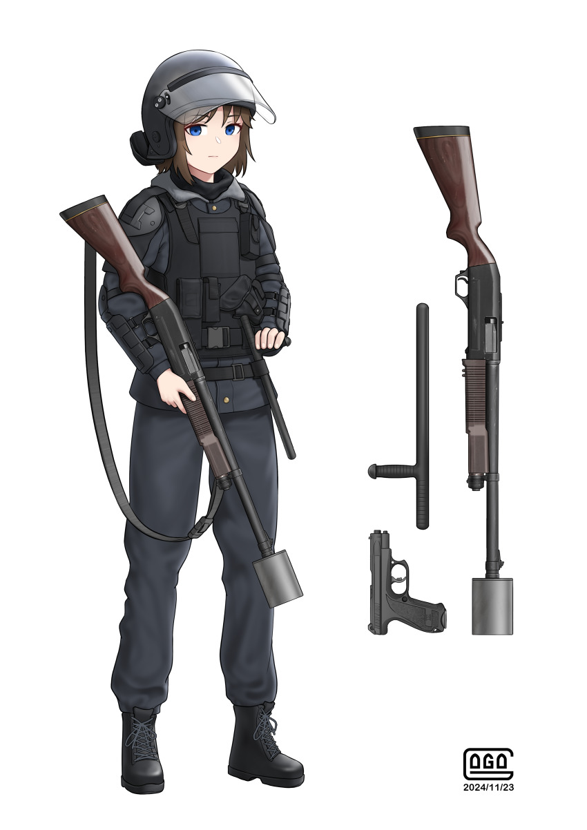 1girl absurdres ammunition_pouch armor baton_(weapon) black_boots black_helmet blue_eyes boots brown_hair buckle bulletproof_vest chinese_commentary closed_mouth dated face_shield fingernails full_body gogo_(gogo_23) grey_jacket grey_pants gsh-18 gun gun_sling handgun helmet highres holding holding_baton_(weapon) holding_gun holding_weapon jacket ks-23 lace-up_boots load_bearing_vest muzzle_device original pants pouch riot_police short_hair shotgun shoulder_armor signature simple_background snap-fit_buckle solo tactical_clothes vambraces weapon white_background