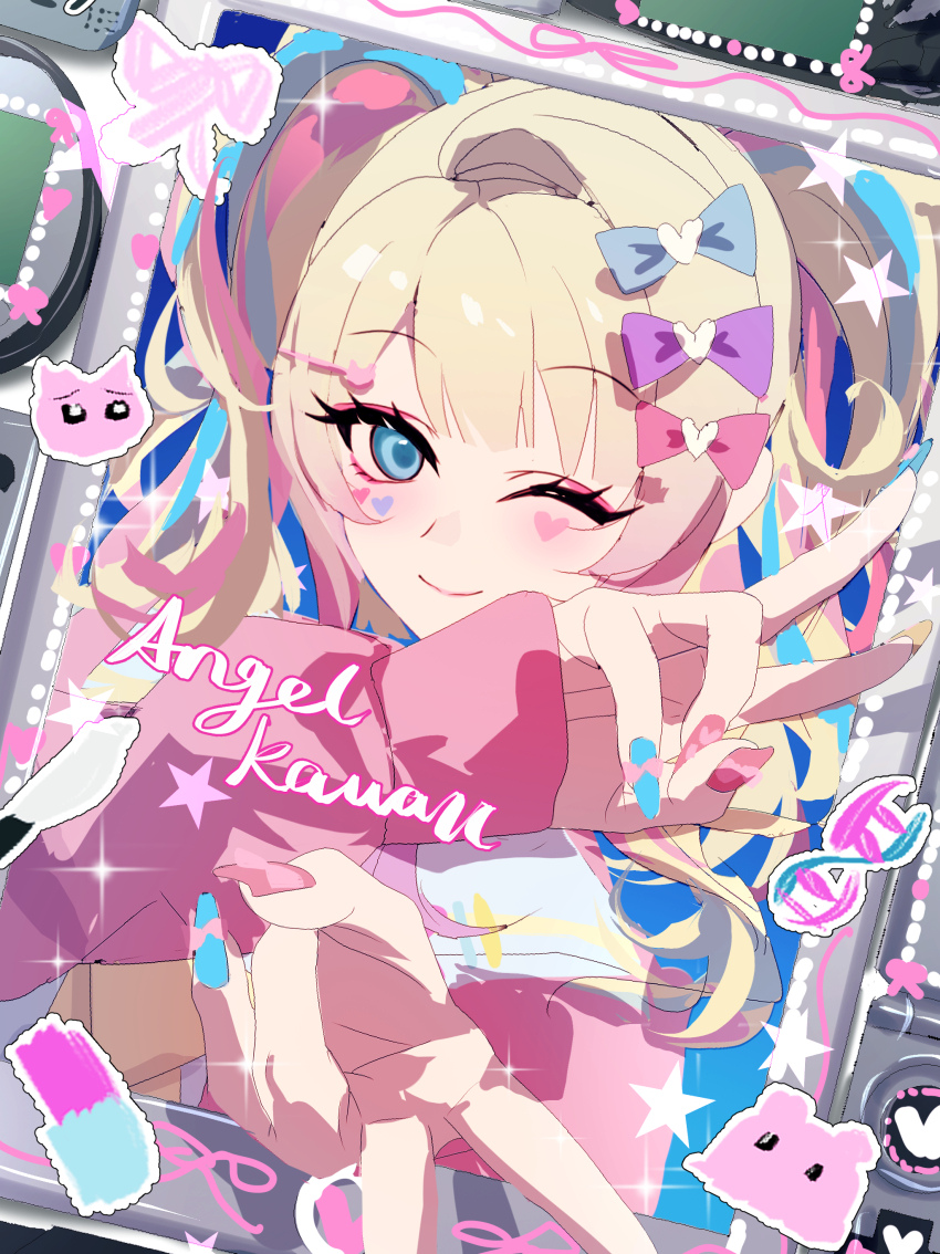 1girl absurdres blonde_hair blue_cardigan blue_eyes blue_hair blue_nails cardigan chouzetsusaikawa_tenshi-chan cosplay double_v facial_mark gyaru_v heart heart_facial_mark highres junpaku_karen long_hair looking_at_viewer needy_girl_overdose pien_cat_(needy_girl_overdose) pien_cat_(needy_girl_overdose)_(cosplay) pink_hair pink_nails solo twintails v