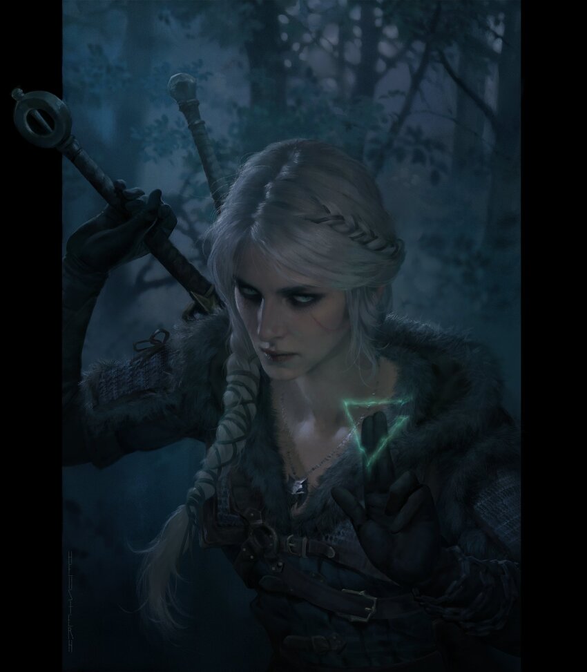 1girl black_gloves braid braided_ponytail ciri facial_scar gloves hellstern highres holding holding_sword holding_weapon long_hair looking_at_viewer scar scar_on_cheek scar_on_face solo sword sword_on_back the_witcher_(series) the_witcher_4 upper_body weapon weapon_on_back white_hair witcher_medallion