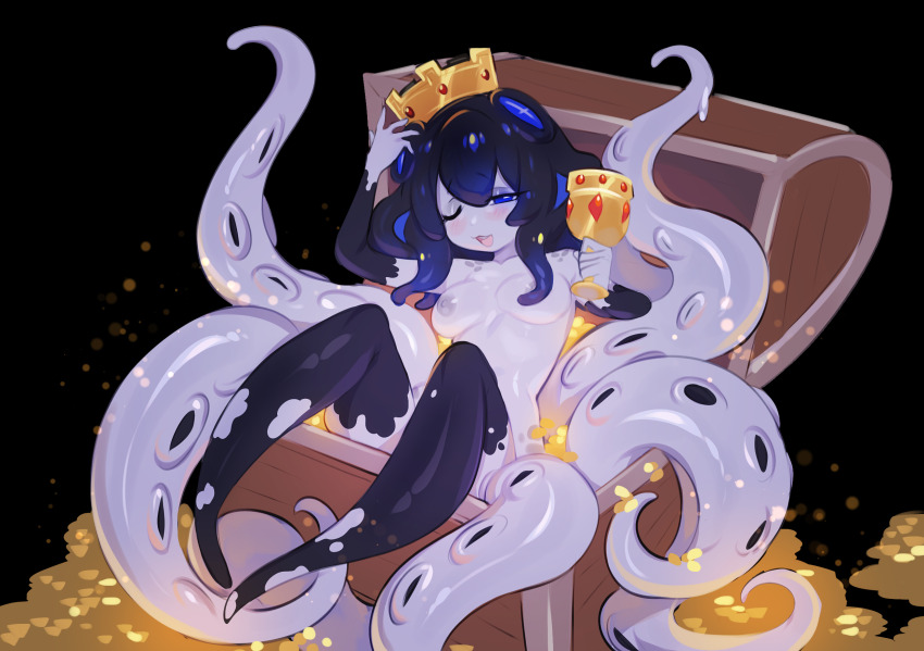 black_hair chalice colored_skin commission commissioner_upload completely_nude crown cup extra_eyes gold grey_skin highres monster_girl niniidawns nipples nude one_eye_closed original phyluma_(teuthidan) scylla squid_girl tentacle_hair tentacle_legs tentacles treasure_chest