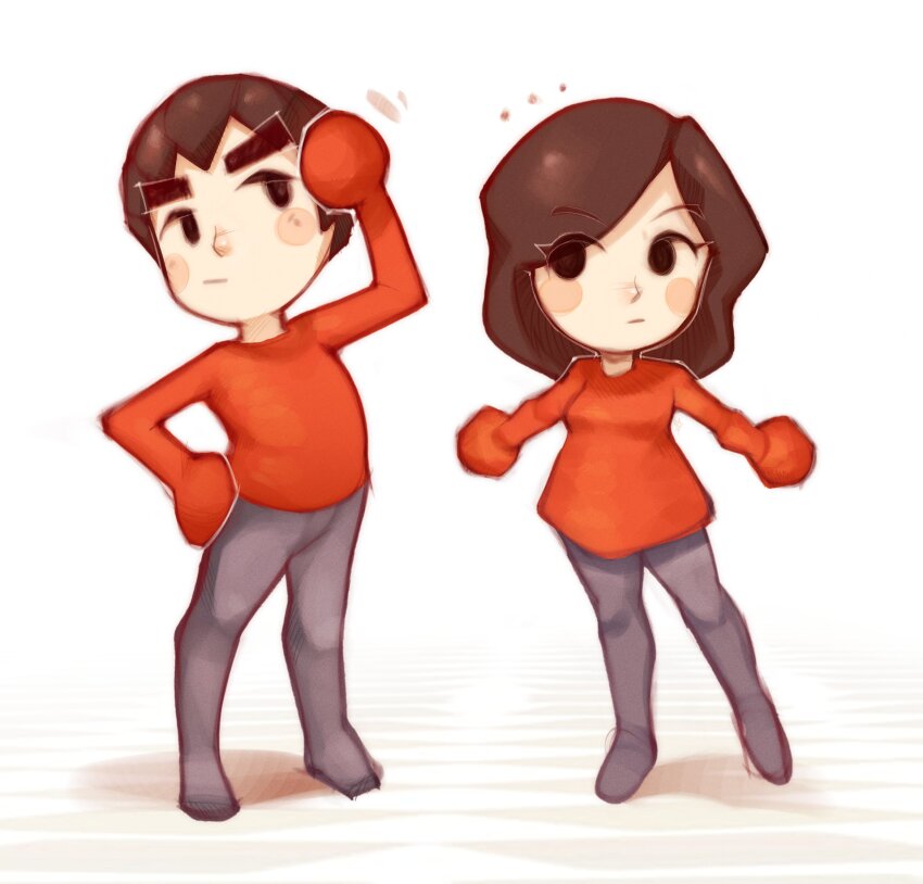 1boy 1girl absurdres black_eyes black_hair blush_stickers brown_hair circle_hands closed_mouth full_body grey_pants guest_mii hand_on_own_hip highres long_hair long_sleeves looking_at_another mii_(nintendo) mob_face nintendo onimiere pants pantyhose red_shirt shirt short_hair sleeves_past_fingers sleeves_past_wrists standing thick_eyebrows