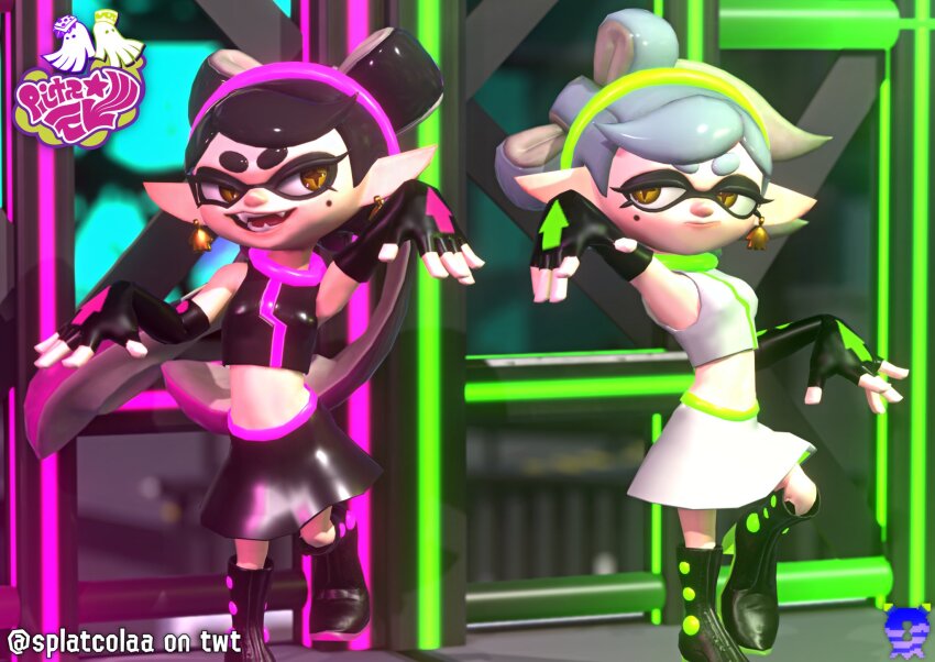 3d arrow_(symbol) black_boots black_hair black_skirt boots callie_(splatoon) crop_top earrings fangs fingerless_gloves gloves gold_earrings green_trim grin headband jewelry marie_(splatoon) navel neon_lights neon_trim nintendo pink_trim shirt skirt sleeveless sleeveless_shirt smile splatoon_(series) splatoon_1 star-shaped_pupils star_(symbol) symbol-shaped_pupils tentacle_hair white_hair white_skirt yellow_eyes