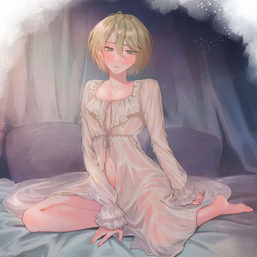 1boy auch_(unicorn_overlord) barefoot bed_sheet blonde_hair blue_eyes blush collarbone curtains dress eyelashes frilled_nightgown hair_between_eyes half-closed_eyes highres light_particles long_sleeves looking_down male_focus navel nightgown nude on_bed parted_lips pillow pink_lips see-through_clothes see-through_dress shiny_skin short_hair shy sitting solo trap unicorn_overlord yatyou6666