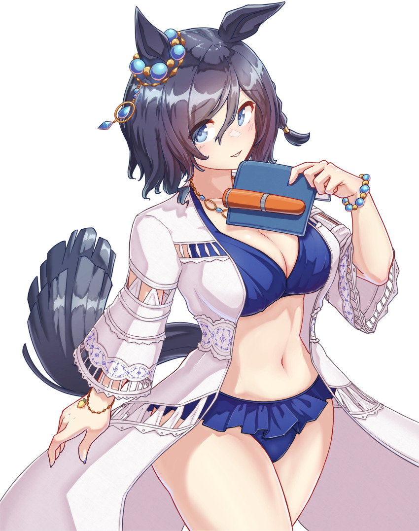 1girl absurdres animal_ears bead_bracelet beads bikini black_hair blue_bikini blue_eyes book bracelet breasts cleavage commentary_request cowboy_shot ear_ornament eishin_flash_(reines_plaetschern)_(umamusume) eishin_flash_(umamusume) flova11 highres holding holding_book horse_ears horse_girl horse_tail jacket jewelry long_sleeves medium_breasts navel necklace official_alternate_costume official_alternate_hairstyle parted_lips short_hair simple_background smile solo stomach swimsuit tail umamusume white_background white_jacket