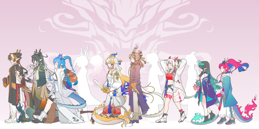 3boys 4girls :d a_deer_of_nine_colors absurdres antlers aqua_coat aqua_hair arknights arms_behind_head arms_up bandeau beads black_coat black_hair blonde_hair blue_hair braid brother_and_sister brothers brown_hair brown_robe character_request chinese_commentary chongyue_(arknights) closed_eyes closed_mouth coat colored_extremities commentary_request crop_top dragon_girl dragon_horns dragon_tail dress dusk_(arknights) earrings family gourd gradient_robe grey_hair grin hair_intakes highres holding holding_gourd holding_sword holding_weapon horns jacket jewelry ji_(arknights) ling_(arknights) long_hair long_sleeves medium_hair midriff multicolored_hair multiple_boys multiple_girls navel necktie nian_(arknights) nine-colored_deer off_shoulder open_clothes open_jacket open_mouth pink_background pointy_ears profile purple_robe red_bandeau red_hair red_necktie robe shennong_(arknights) shorts shu_(arknights) siblings silhouette sisters sleeveless sleeveless_dress smile standing strapless streaked_hair sword tail tube_top very_long_hair walking wang_(arknights) weapon white_coat white_dress white_hair white_jacket white_shorts white_tube_top yu_(arknights) zhibi_bu