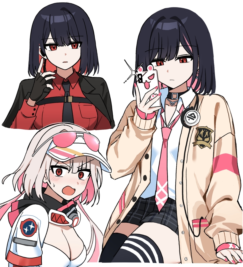 1girl bikini black_choker black_coat black_gloves black_hair black_necktie black_skirt black_survival black_thighhighs blush breasts choker cleavage coat coat_on_shoulders commentary eternal_return:_black_survival eyewear_on_headwear fingerless_gloves fingernails gloves headphones headphones_around_neck highres holding holding_phone jacket large_breasts lix_(iroiro3843) long_sleeves looking_at_viewer loose_necktie marlene_(after_school)_(black_survival) marlene_(black_survival) marlene_(cotton_candy)_(black_survival) mask mask_around_neck multiple_views nail_polish necktie o-ring o-ring_choker official_alternate_costume open_clothes open_jacket open_mouth phone pink_nails pink_necktie plaid_clothes plaid_skirt pleated_skirt red_eyes red_hair red_shirt shirt short_hair simple_background skirt swimsuit thighhighs thighs visor_cap white_background white_bikini white_hair white_shirt yellow_jacket