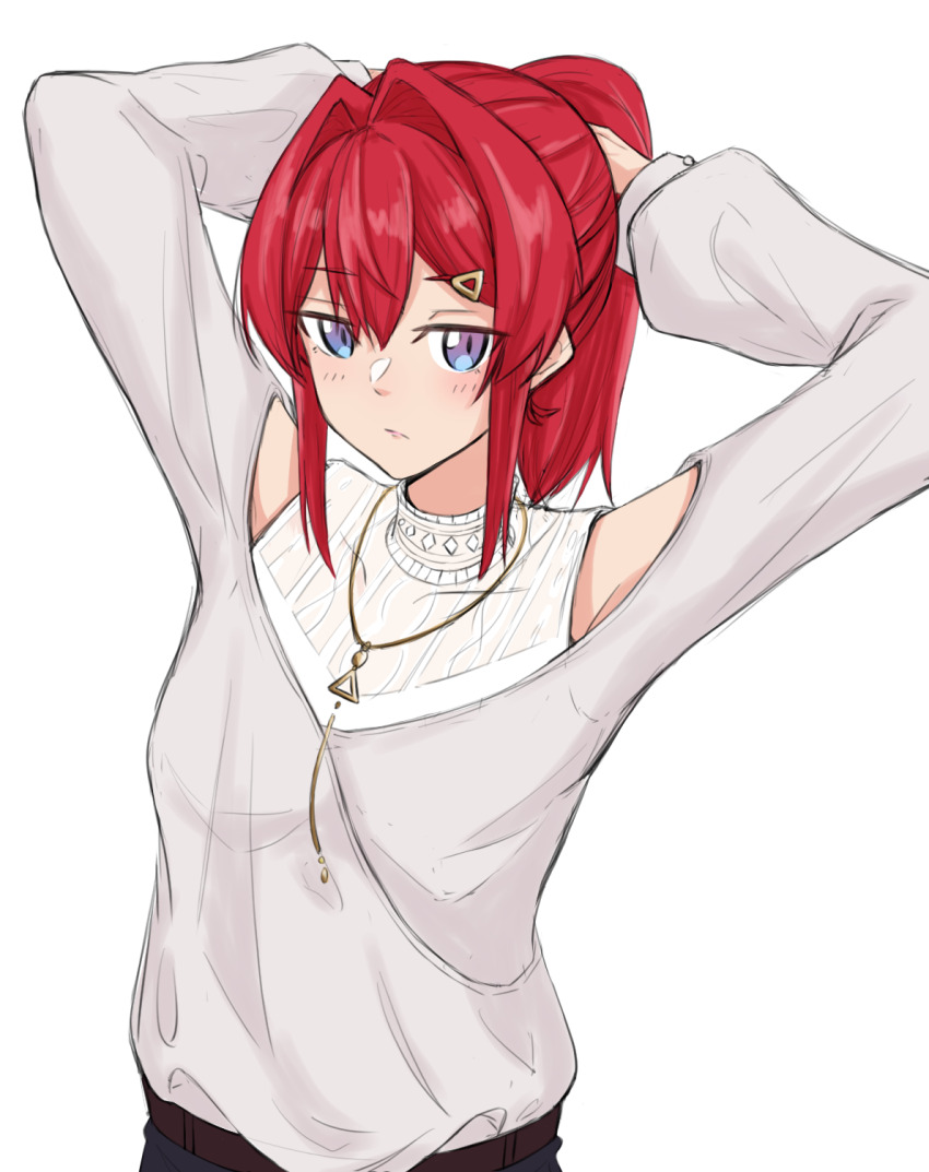 1girl ange_katrina ange_katrina_(5th_costume) arms_behind_head baggy_clothes belt blue_eyes brown_belt closed_mouth clothing_cutout commentary gold_necklace gradient_eyes hair_intakes hand_in_own_hair hands_up highres jewelry jitome layered_shirt light_blush long_hair long_sleeves looking_at_viewer meetea multicolored_eyes necklace nijisanji ponytail puffy_long_sleeves puffy_sleeves purple_eyes red_hair shirt shirt_tucked_in shoulder_cutout sidelocks simple_background solo upper_body virtual_youtuber white_background white_shirt
