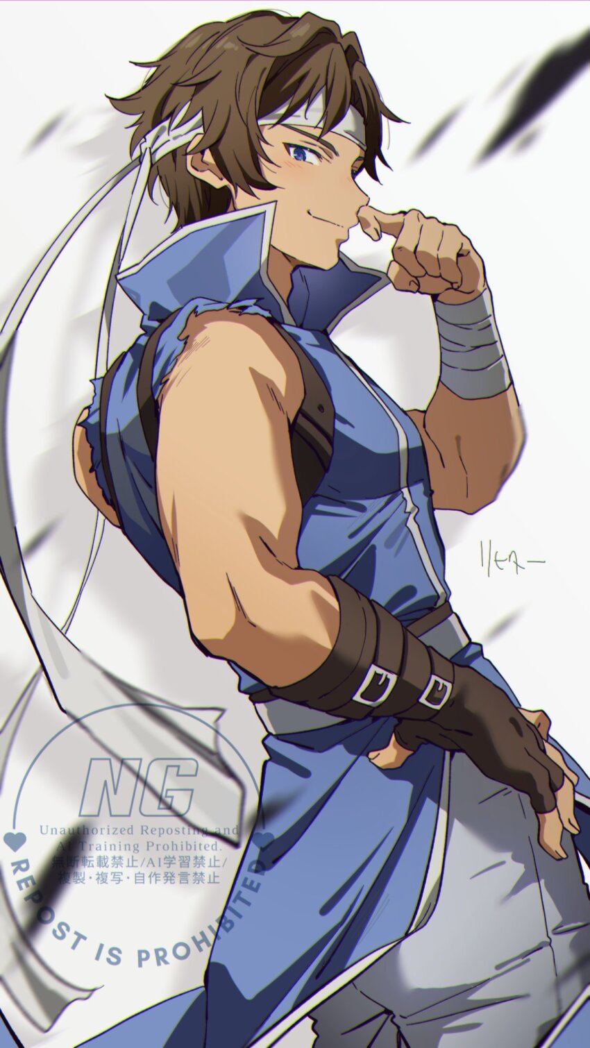 1boy bandaged_arm bandages blue_eyes bochi_(5hxm) brown_hair castlevania:_rondo_of_blood castlevania_(series) character_name closed_mouth commentary_request finger_to_own_nose fingerless_gloves gloves grey_pants hand_on_own_hip headband highres looking_at_viewer male_focus pants richter_belmont simple_background single_fingerless_glove single_glove sleeveless solo watermark white_headband