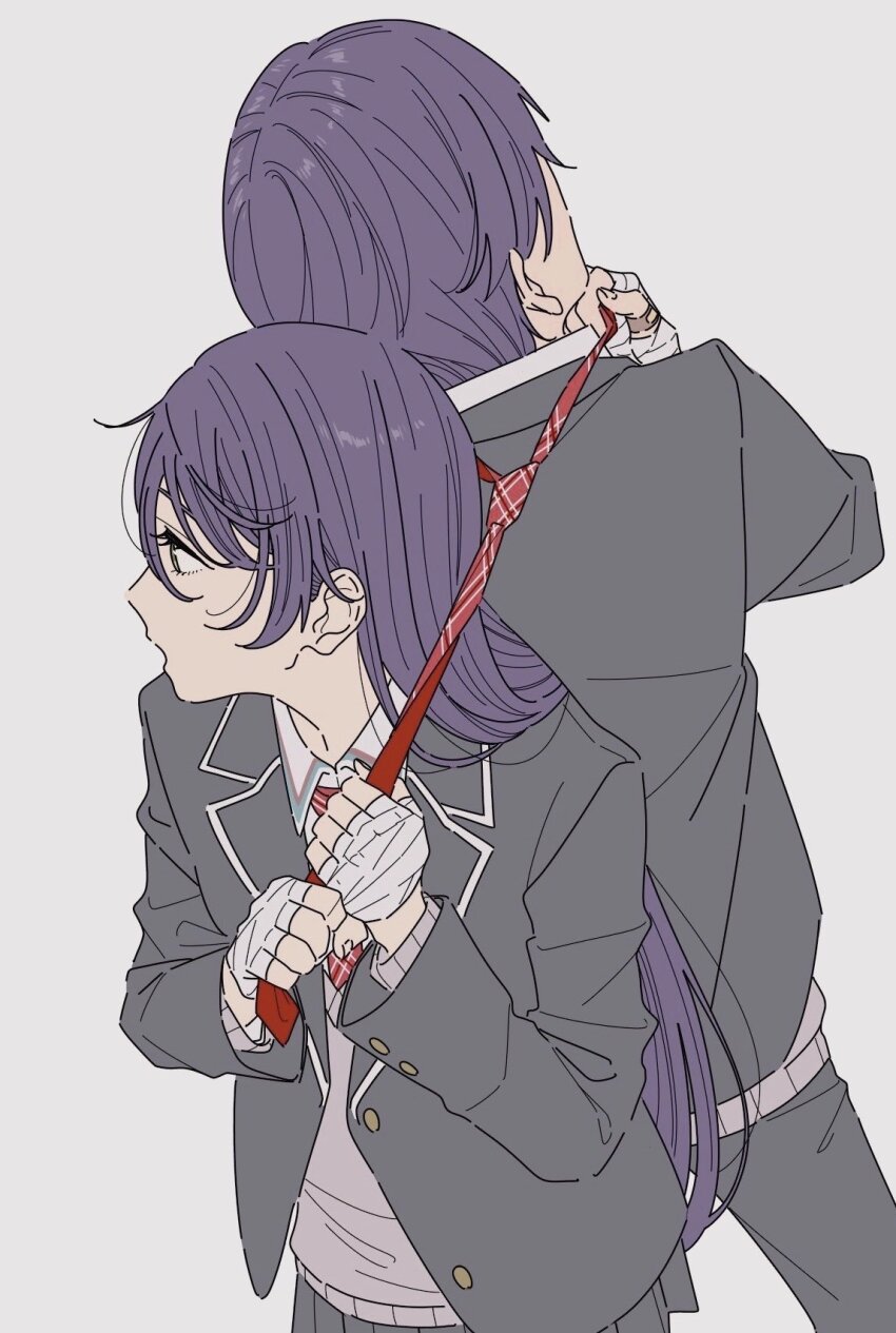 1boy 1girl bandaged_hand bandages cardigan collared_shirt dual_persona genderswap genderswap_(mtf) green_eyes grey_cardigan grey_jacket grey_pants grey_skirt highres jacket kamatama_rom kenmochi_touko kenmochi_touya kenmochi_touya_(1st_costume) lapels long_hair looking_at_another necktie nijisanji pants pulling_another&#039;s_clothes purple_hair red_necktie shirt short_hair simple_background skirt upper_body virtual_youtuber white_background white_shirt