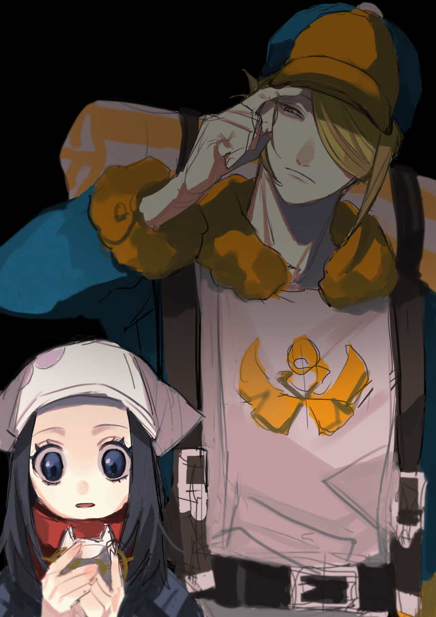 1boy 1girl absurdres adjusting_clothes adjusting_headwear akari_(pokemon) black_background blonde_hair blue_eyes blue_hair commentary_request edamameko210 hair_over_one_eye headscarf height_difference highres medium_hair nintendo one_eye_covered pokemon pokemon_legends:_arceus simple_background sketch upper_body volo_(pokemon) white_headscarf