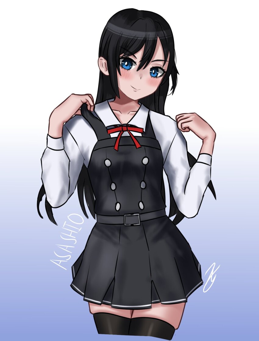1girl asashio_(kancolle) asashio_kai_ni_(kancolle) black_dress black_hair black_thighhighs blue_background blue_eyes character_name collared_shirt commentary cowboy_shot dress dress_shirt english_commentary gradient_background highres kantai_collection long_hair one-hour_drawing_challenge pinafore_dress shigure_(choukaikaini) shirt signature simple_background sleeveless sleeveless_dress solo thighhighs white_background white_shirt