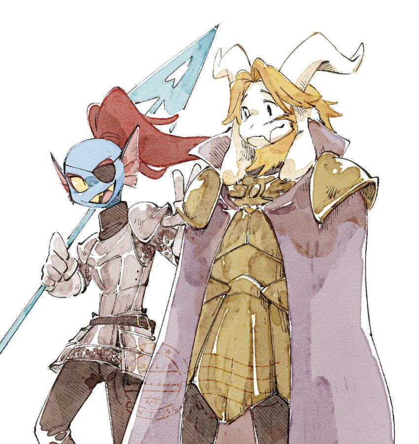 1boy 1girl armor asgore_dreemurr black_pants cape cowboy_shot fins goat_boy gold_armor head_fins highres holding holding_polearm holding_weapon pants polearm purple_cape simple_background standing undertale undyne watermark weapon white_background zunda_e_damame