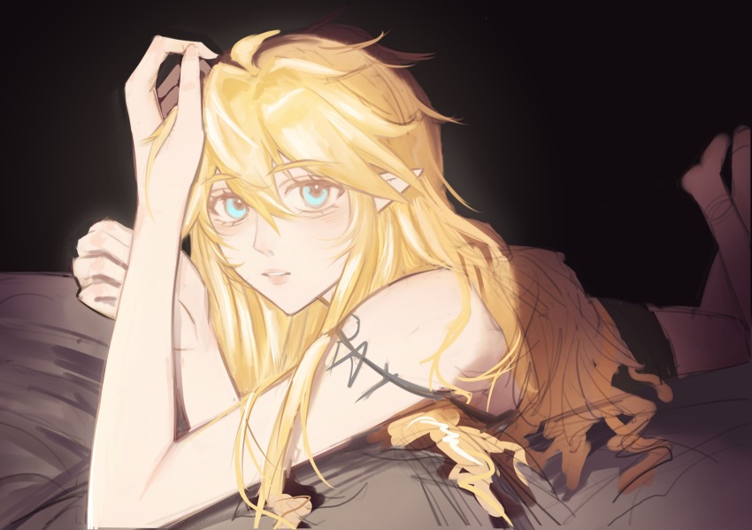 1girl alternate_costume aotu_world arm_tattoo black_background blonde_hair blue_eyes genderswap genderswap_(mtf) hair_between_eyes highres king_(aotu_world) long_hair looking_at_viewer lying on_bed on_stomach parted_lips plutoray pointy_ears solo tattoo