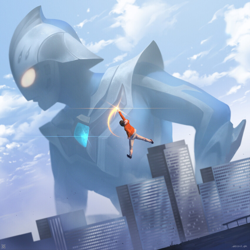 2boys alien arm_up blue_skin brown_hair brown_shoes building city cityscape cloud cloudy_sky color_timer colored_skin commentary day dorsal_fin english_commentary evoltruster hand_up highres holding hood hoodie lens_flare looking_ahead male_focus midair multicolored_skin multiple_boys orange_hoodie outdoors pants red_skin senjyu_ren shoes signature silver_skin sky smear_frame tokusatsu tsuburaya_productions ultra_series ultraman_nexus ultraman_nexus_(series) ultraman_nexus_junis_blue white_pants xiaoguimist yellow_eyes