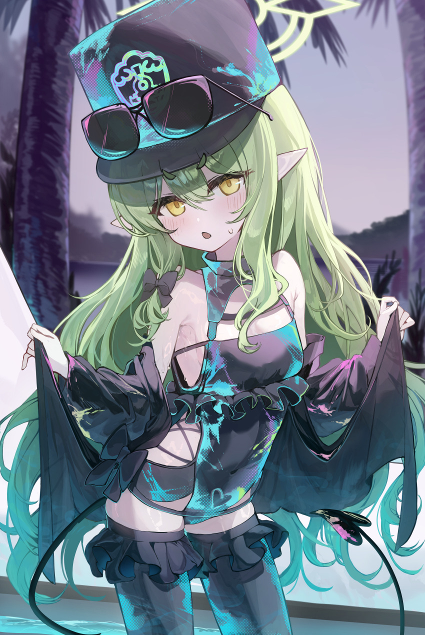 1girl absurdres alternate_costume bare_shoulders black_hat black_jacket black_leotard black_thighhighs blue_archive blush breasts commentary covered_navel demon_girl demon_tail frilled_thighhighs frills green_hair hair_between_eyes hat highres hikari_(blue_archive) huge_filesize jacket kabedoru leotard loli long_hair looking_at_viewer peaked_cap pointy_ears sideboob sidelocks small_breasts solo tail thighhighs yellow_eyes