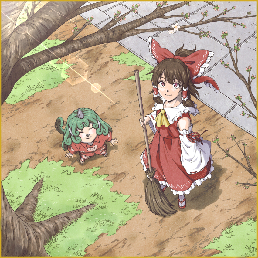 2girls ascot bow broom brown_hair closed_mouth collared_shirt commentary_request curly_hair detached_sleeves frilled_bow frilled_hair_tubes frilled_skirt frills from_above full_body green_hair hair_bow hair_tubes hakurei_reimu highres holding holding_broom horns inuno_rakugaki kariyushi_shirt komainu_ears komainu_girl komano_aunn long_hair looking_at_viewer multiple_girls outdoors red_bow red_eyes red_sandals red_shirt red_skirt ribbon-trimmed_sleeves ribbon_trim sandals shirt short_hair short_sleeves shorts sidelocks single_horn skirt skirt_set sleeveless sleeveless_shirt smile snout socks standing touhou tree white_shorts white_sleeves white_socks wide_sleeves yellow_ascot