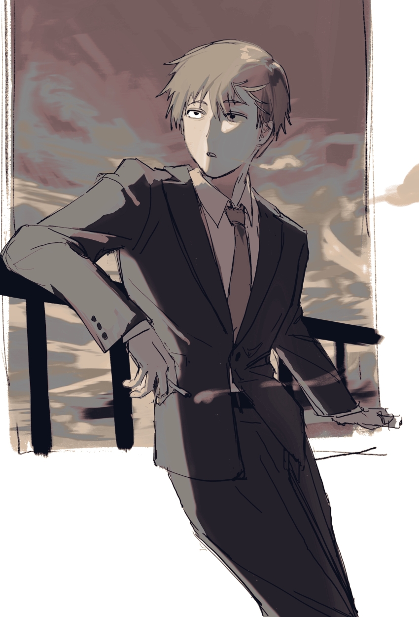 1boy absurdres against_railing baobing belt chinese_commentary cigarette collared_shirt commentary_request cowboy_shot formal_clothes highres holding holding_cigarette jacket lapels long_sleeves male_focus mob_psycho_100 monochrome necktie notched_lapels pants parted_lips railing reigen_arataka sanpaku shirt short_hair smoke solo suit variant_set