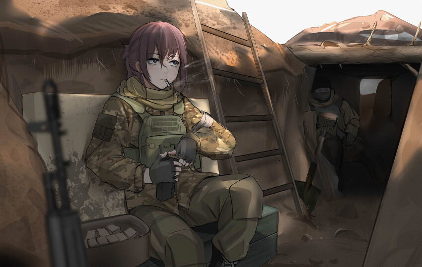 1girl 1other absurdres ak-74m ammunition_box ammunition_pouch armband assault_rifle bags_under_eyes beanie black_gloves blurry blurry_foreground boots branch breasts brown_boots bulletproof_vest camouflage camouflage_jacket closed_mouth combat_boots commentary day dirt english_commentary fingerless_gloves gloves green_pants grey_sky gun hair_between_eyes hat highres holding holding_magazine_(weapon) hood hooded_jacket iubworks jacket kalashnikov_rifle lace-up_boots ladder load_bearing_vest long_sleeves magazine_(weapon) mask medium_breasts military military_combat_uniform military_uniform original outdoors pants pouch purple_eyes reloading rifle rifle_cartridge shovel sidelocks sitting sky smoke smoking soldier trench war weapon