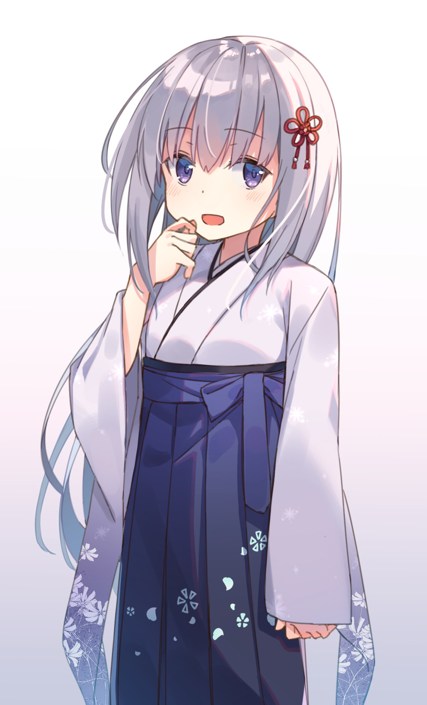 1girl blush double-parted_bangs dress expressionless finger_to_mouth floral_print frilled_dress frills gradient_background grey_hair hakama highres japanese_clothes kimono long_hair long_sleeves looking_at_viewer low_twintails medium_hair open_mouth original print_kimono purple_eyes simple_background solo tongue twintails white_hair zoirun