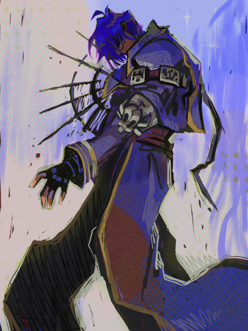 1boy abstract abstract_background afterimage ahoge arm_belt belt belt_around_waist ben-day_dots blue_hair blue_theme carterrdraws diamond_(shape) feet_out_of_frame fingerless_gloves from_side gloves hair_over_eyes highres legato_bluesummers limited_palette long_coat long_sleeves male_focus multiple_belts patterned_background screentones scribble shaded_face short_hair silhouette skull_ornament solo sparkle trigun trigun_maximum two-tone_background unmoving_pattern