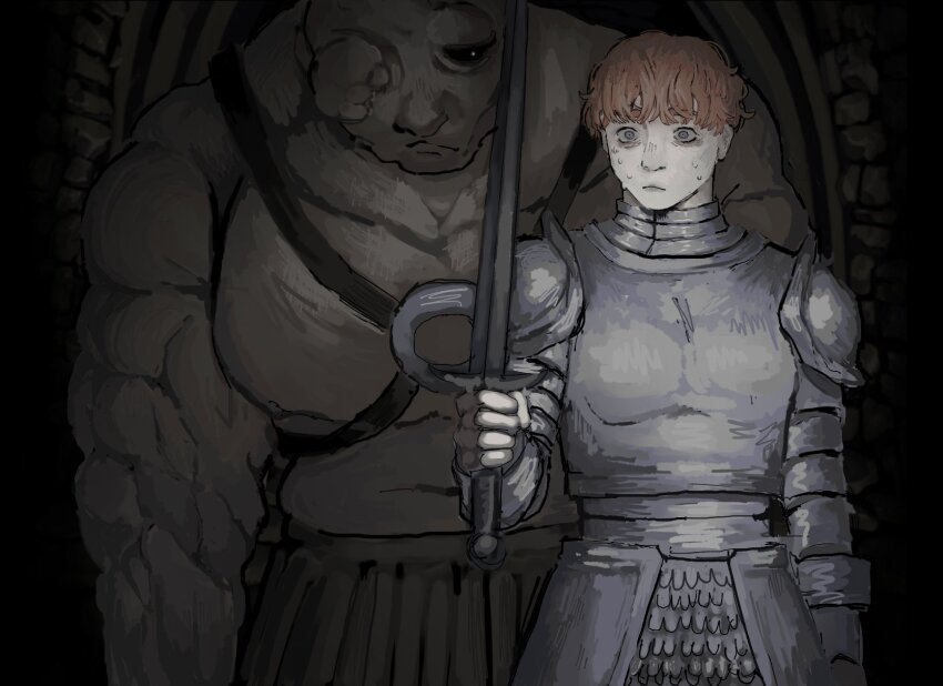 1boy 1girl armor behind_another brown_gloves brown_skirt closed_mouth commentary d&#039;arce_(fear_&amp;_hunger) dark dungeon fear_&amp;_hunger fear_&amp;_hunger_(series) fear_&amp;_hunger_1 fingerless_gloves gloves grey_eyes highres holding holding_sword holding_weapon knight monster muscular muscular_male o-ring o-ring_top ogre orange_hair peril plate_armor prison_guard_(fear_&amp;_hunger) short_hair skirt sopaipillaa350 sweat sword weapon