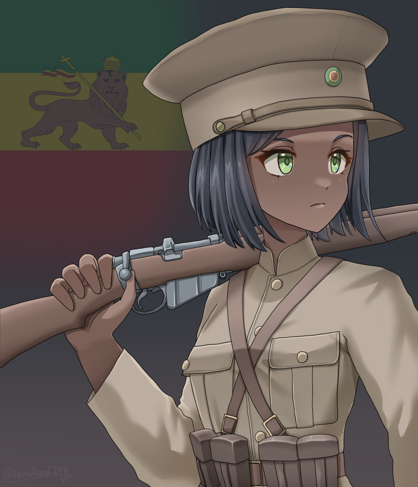 1girl absurdres ammunition_pouch artist_name belt black_hair bolt_action brown_belt brown_hat brown_jacket closed_mouth commentary dark-skinned_female dark_skin ethiopia ethiopian_flag flag_background frown green_eyes gun hat highres holding holding_gun holding_weapon jacket lee-enfield leochan1202 long_sleeves looking_to_the_side military military_uniform original peaked_cap pouch rifle second_italo-ethiopian_war soldier solo upper_body very_dark_skin weapon