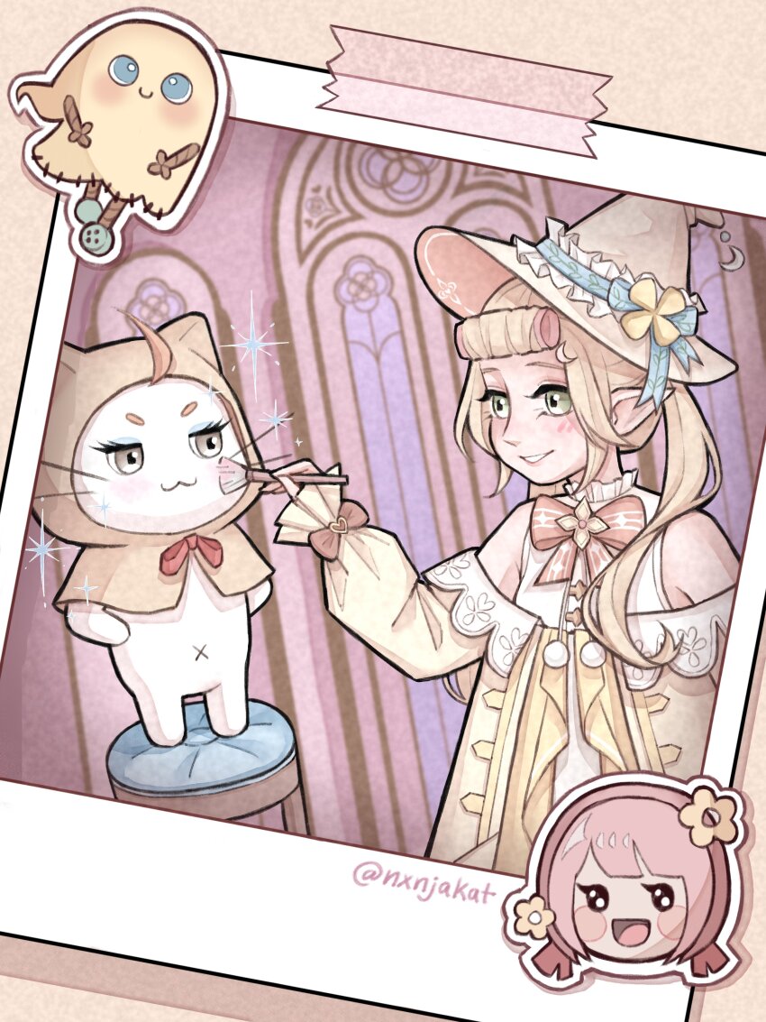 1girl :3 absurdres ahoge animal applying_another&#039;s_makeup bare_shoulders blonde_hair bow bowtie brooch brown_eyes buttons cat cloak clothed_animal collared_dress commentary cowboy_shot crescent crescent_hat_ornament dress ear_covers english_commentary eyelashes flower_button forehead frilled_dress frilled_sleeves frills green_eyes hair_half_over_shoulder hair_rollers hands_on_own_hips hat hat_ornament heart highres holding holding_brush holding_makeup_brush hood hood_up hooded_cloak indoors infinity_nikki jacket jewelry long_hair long_sleeves looking_at_another magnet makeup_brush momo_(nikki) navel nikki_(nikki) nikki_(series) nxnjakat off-shoulder_jacket off_shoulder on_stool open_mouth orange_bow orange_bowtie photo_(object) piecey pom_pom_(clothes) puffy_long_sleeves puffy_sleeves red_bow red_bowtie sleeve_bow sleeveless sleeveless_dress smile stained_glass standing striped_bow striped_bowtie striped_clothes tape timis_(infinity_nikki) twintails twitter_username whiskers white_cat white_dress witch_hat yellow_cloak yellow_hat yellow_jacket
