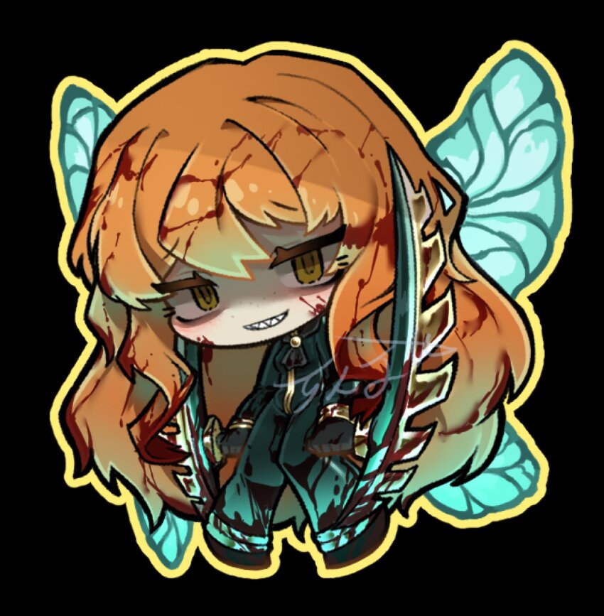 1girl black_background black_shoes bladed_tonfa blood blood_in_hair blood_on_clothes bodysuit border chibi e.g.o_(project_moon) fairy_wings full_body green_bodysuit highres ishmael_(project_moon) limbus_company long_hair orange_hair project_moon shoes sidelocks simple_background solo very_long_hair wingbeat_(e.g.o) wings yellow_border zeremi0102