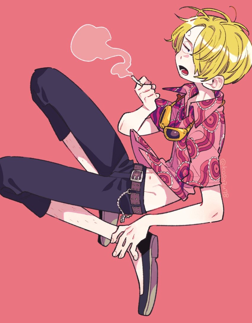 1boy blonde_hair cigarette commentary_request curly_eyebrows full_body goggles goggles_around_neck hair_over_one_eye highres holding holding_cigarette leg_hair looking_at_viewer male_focus mitsubachi_koucha one_piece open_mouth pants pink_background pink_shirt sanji_(one_piece) shirt short_hair simple_background smoke solo
