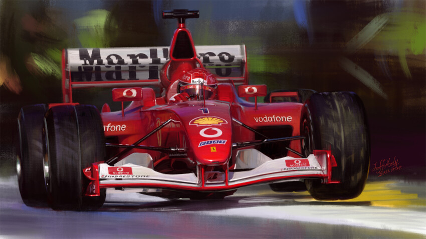 1boy artist_name bridgestone car dated ferrari fiat formula_one formula_racer gloves helmet highres jeffholy marlboro michael_schumacher motion_blur motor_vehicle race_vehicle racecar real_life red_gloves red_headwear shell_(company) solo spoiler_(automobile) vehicle_focus vodafone