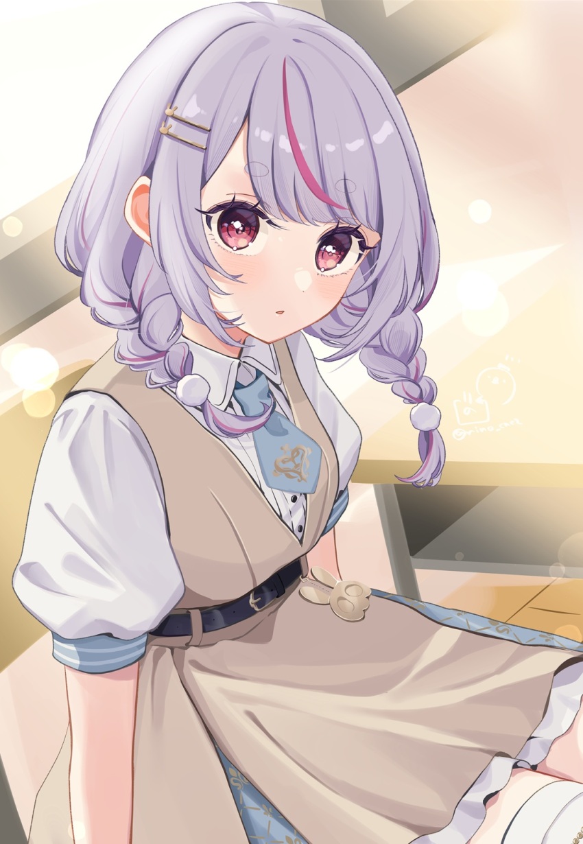 1girl blue_necktie braid breasts brown_dress collared_shirt commentary_request dress dress_shirt hair_ornament hair_over_shoulder hairclip highres long_hair low_twintails multicolored_hair necktie parted_lips puffy_short_sleeves puffy_sleeves rabbit_hair_ornament red_eyes red_hair rino_cnc shirt short_eyebrows short_necktie short_sleeves sitting sleeveless sleeveless_dress small_breasts solo streaked_hair thick_eyebrows thighhighs tosaki_mimi twin_braids twintails virtual_youtuber vspo! white_shirt white_thighhighs