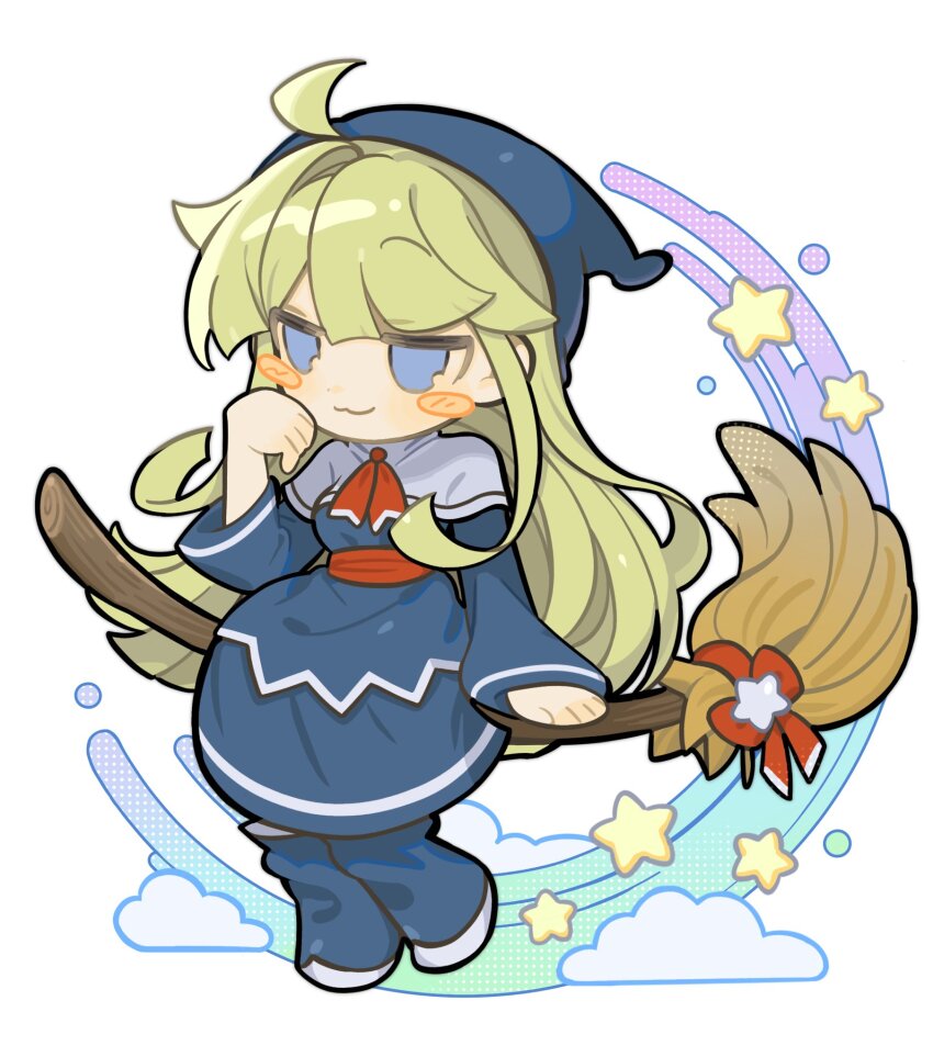 1girl :3 ahoge blonde_hair blue_boots blue_dress blue_eyes blue_hat blush blush_stickers boots broom broom_riding capelet cloud dress hat highres jsjefff long_hair long_sleeves madou_monogatari neck_ribbon nightcap puyopuyo red_ribbon ribbon simple_background smile smug solo star_(symbol) white_capelet witch witch_(puyopuyo)