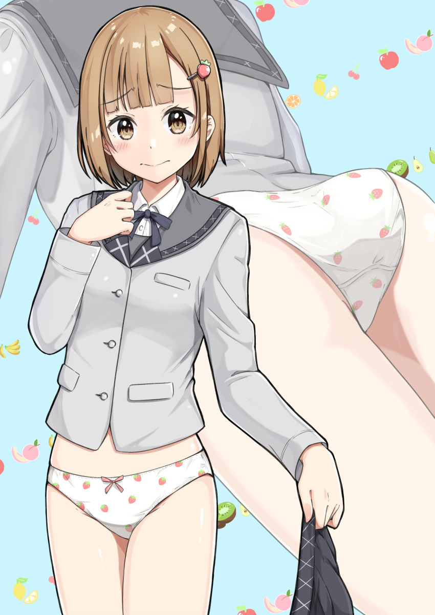 1girl absurdres ass blue_background blunt_ends blush bow bow_panties breasts brown_eyes brown_hair buttons closed_mouth collared_shirt commentary_request commission cowboy_shot crotch_seam dress_shirt embarrassed food-themed_hair_ornament food_print fruit_background fruit_print grey_jacket grey_ribbon grey_sailor_collar grey_skirt hair_ornament hand_up highres holding holding_unworn_clothes holding_unworn_skirt jacket large_variant_set long_sleeves looking_at_viewer medium_hair multiple_views neck_ribbon negimiso1989 no_pants original panties pixiv_commission pleated_skirt print_panties raised_inner_eyebrows ribbon sailor_collar school_uniform serafuku shirt skirt small_breasts standing strawberry_hair_ornament strawberry_panties strawberry_print underwear unworn_skirt variant_set white_panties white_shirt zoom_layer
